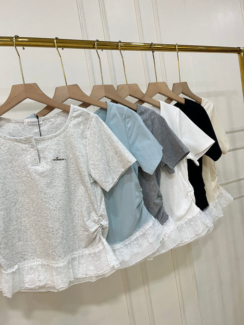Women Round Neck Lacey Detail Button Down Tops
